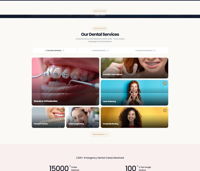 Acorn Family Dental services — Our Dental Services with cosmetic, general, and restorative categories