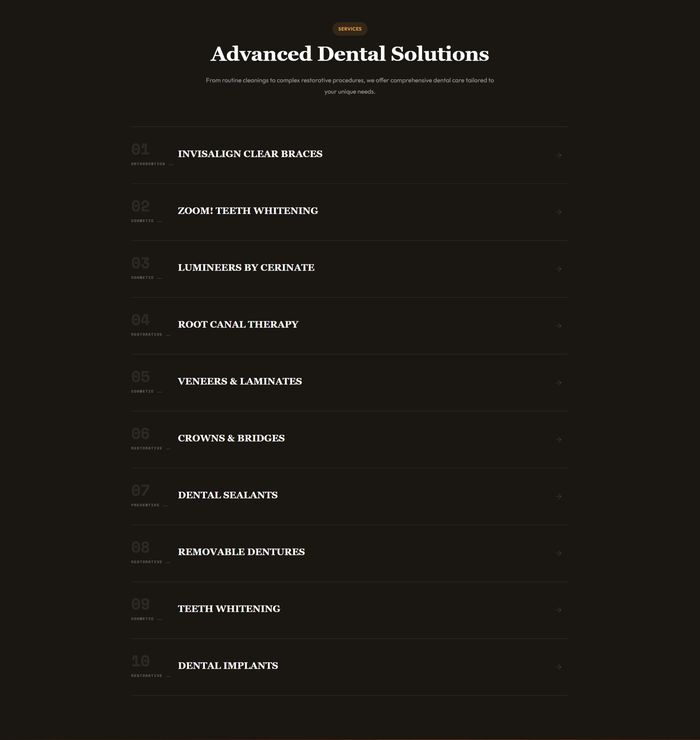 HB Dentist services — Advanced Dental Solutions listing 10 dental services including Invisalign and implants