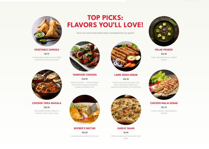 Royal Khyber top picks — Flavors You'll Love with signature dish cards and photos