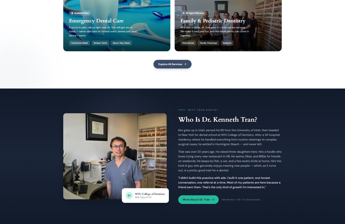 Peninsula Dentistry about section — Meet Dr. Kenneth Tran, NYU-trained dentist with 20+ years in Huntington Beach
